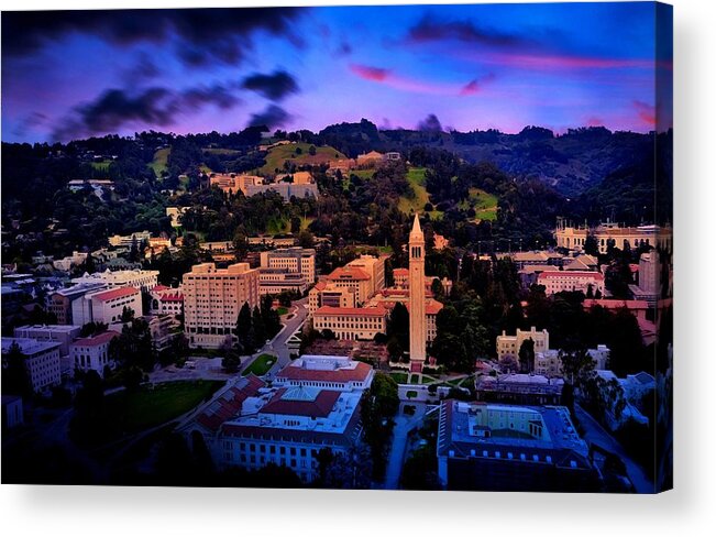 Berkeley Acrylic Print featuring the digital art Berkeley University of California campus - aerial at sunset by Nicko Prints