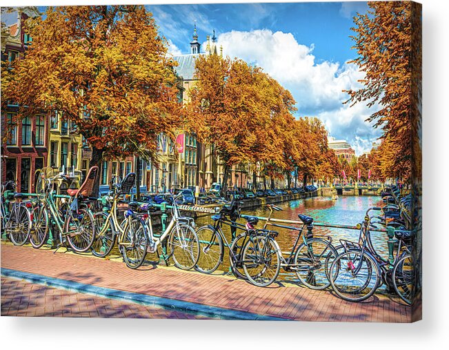 Amsterdam Acrylic Print featuring the photograph Bicycles Along the Canals in Autumn by Debra and Dave Vanderlaan