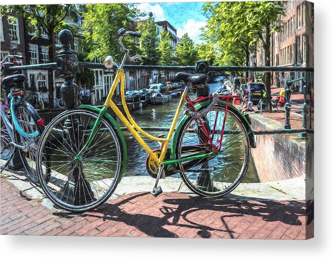 Boats Acrylic Print featuring the photograph Bicycles on the Canals Oil Painting by Debra and Dave Vanderlaan
