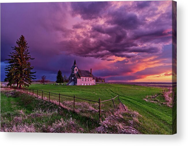 Big Coulee Lutheran Acrylic Print featuring the photograph Sunset at the Big Coulee Lutheran Church - Ramsey county North Dakota by Peter Herman