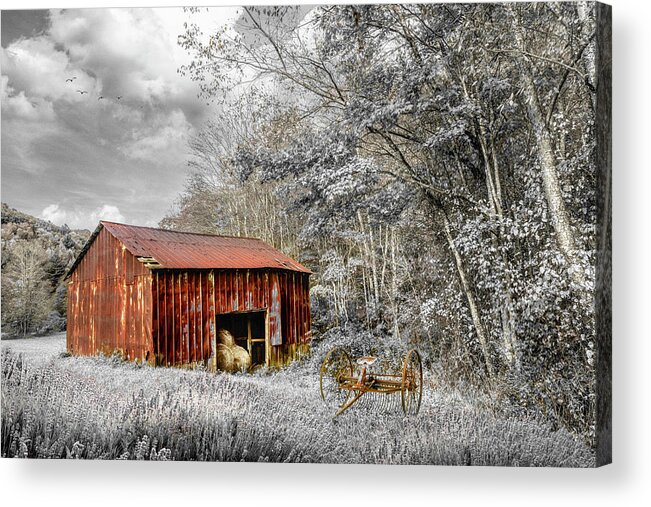 Barns Acrylic Print featuring the photograph Black and White and Red Hay Barn along the Creeper Trail Damascu by Debra and Dave Vanderlaan