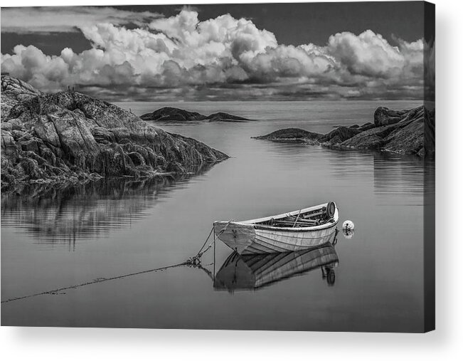 Coast Acrylic Print featuring the photograph Black and White of a boat in Peggy's Cove Harbor by Randall Nyhof