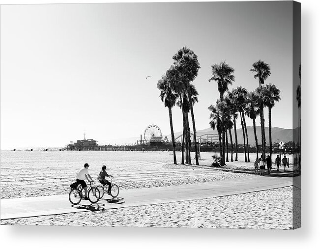 Santa Monica Acrylic Print featuring the photograph Black California Series - Bike Ride in Santa Monica by Philippe HUGONNARD