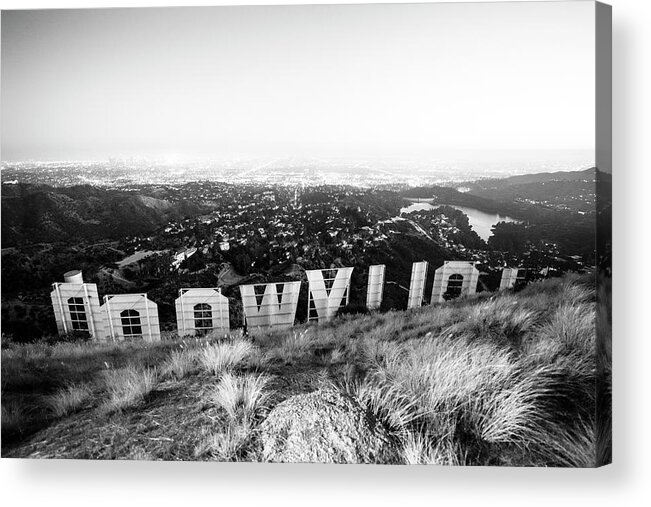 Los Angeles Acrylic Print featuring the photograph Black California Series - Hollywood Sign by Night by Philippe HUGONNARD