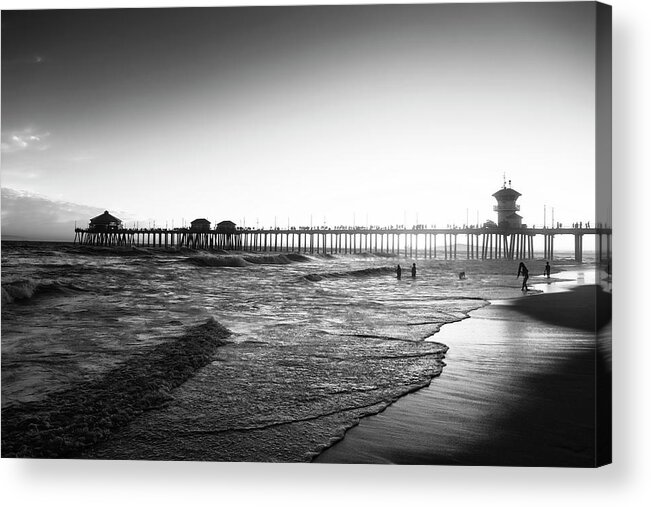 Huntington Beach Acrylic Print featuring the photograph Black California Series - Huntington Beach Pier by Philippe HUGONNARD