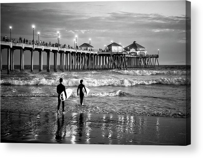Huntington Beach Acrylic Print featuring the photograph Black California Series - Huntington Beach Surf City by Philippe HUGONNARD
