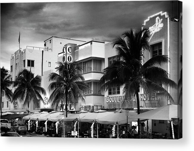 Florida Acrylic Print featuring the photograph Black Florida Series - Ocean Drive by night by Philippe HUGONNARD