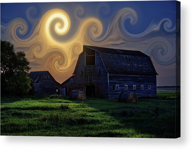 Abandoned Acrylic Print featuring the photograph Blackmore Barn Nightscape #3 - Van Gogh stylized abandoned barn in moonlight by Peter Herman