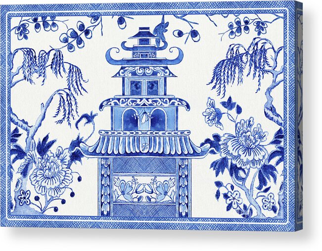 Chinoiserie Acrylic Print featuring the painting Blue and White Chinoiserie Chinese Pagoda Temple Peony Floral Willow Tree by Audrey Jeanne Roberts