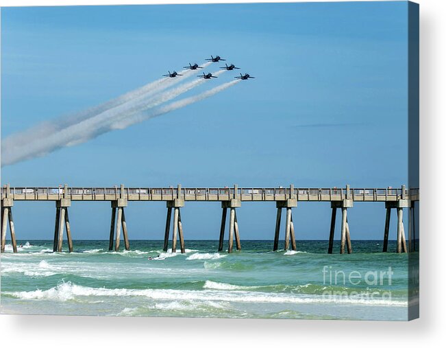 Blue Angels Acrylic Print featuring the photograph Blue Angels Over Pensacola Beach Fishing Pier by Beachtown Views