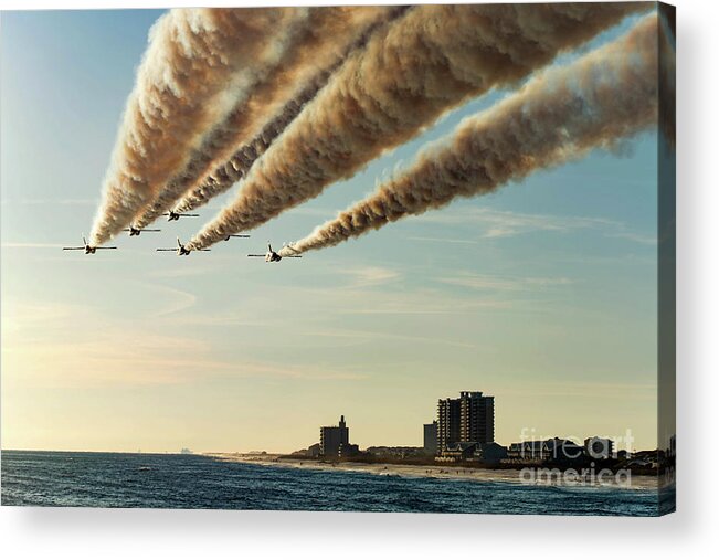Blue Angels Acrylic Print featuring the photograph Blue Angels over Pensacola Beach, Florida Pier by Beachtown Views