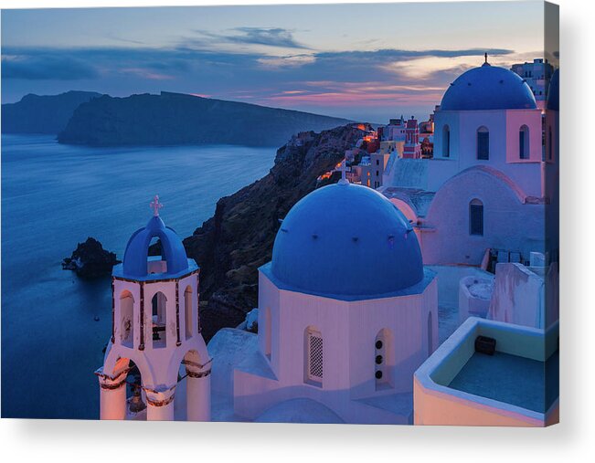 Aegean Sea Acrylic Print featuring the photograph Blue Domes Of Santorini by Evgeni Dinev
