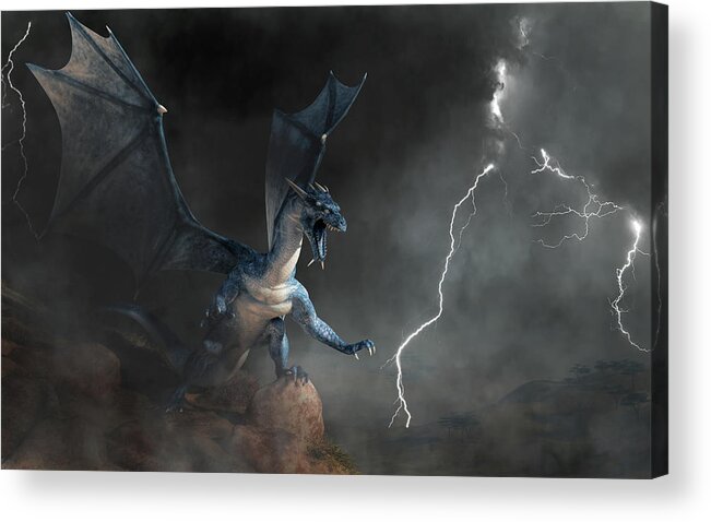 Dragon Acrylic Print featuring the digital art Blue Dragon and Lightning by Daniel Eskridge