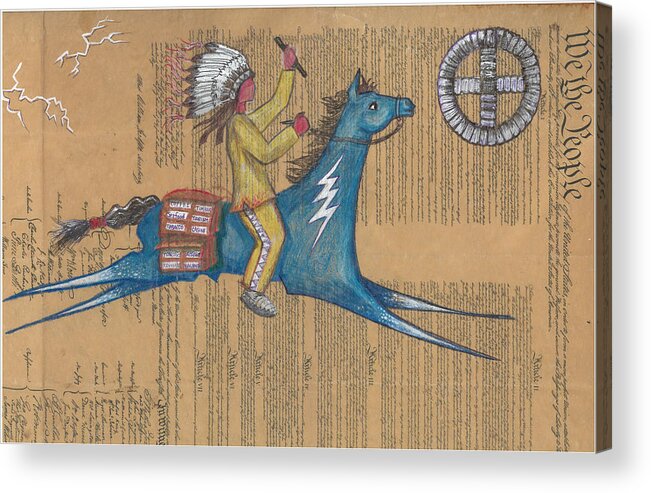 Ledger Art Acrylic Print featuring the drawing Blue Pony on Constitution by Robert Running Fisher Upham