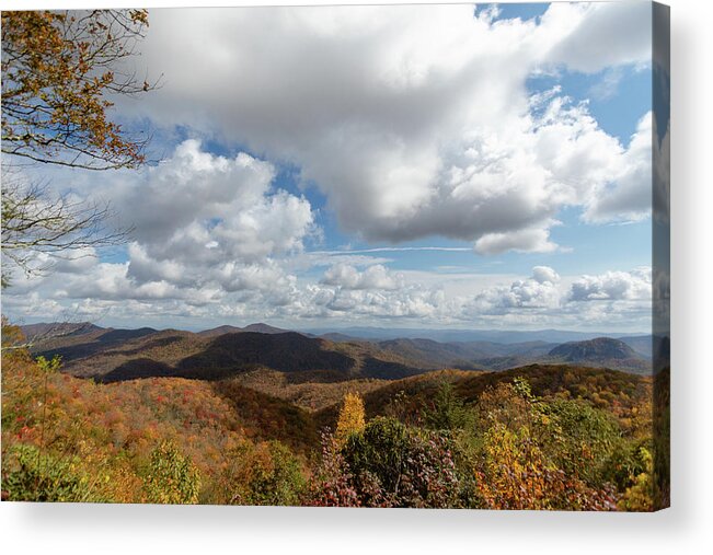 Blue Ridge Parkway Acrylic Print featuring the photograph Blue Sky Clouds and Mountains on the Blue Ridge Parkway by Joni Eskridge