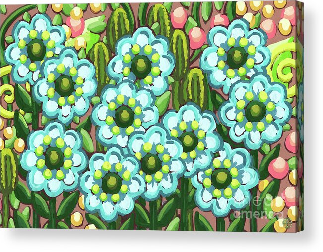 Flower Acrylic Print featuring the painting Blueberry Bubble Gum. Posy Picnic Painting Series by Amy E Fraser