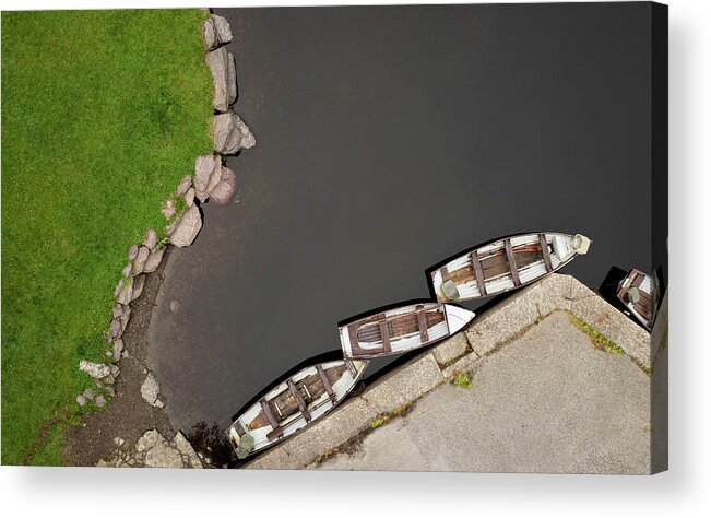 Minimal Acrylic Print featuring the photograph Drone aerial of Boats on the river in a lake by Michalakis Ppalis