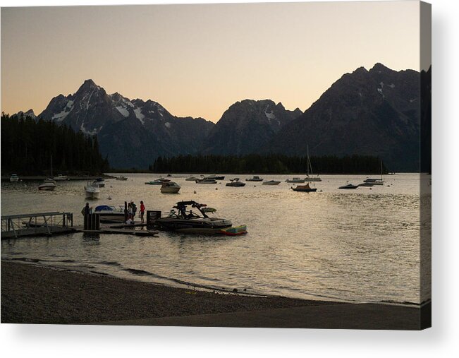 Boats Acrylic Print featuring the photograph Boats unloading after sunset at the Signal Mountain Lodge marina by David L Moore