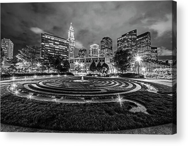 Boston Acrylic Print featuring the photograph Boston Armenian Heritage Park Sculpture Boston MA Skyline Black and White by Toby McGuire