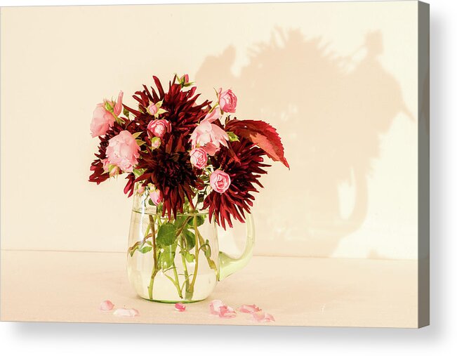 Rose Fairy Acrylic Print featuring the photograph Bouquet of autumn flowers in a green glass pitcher by Torbjorn Swenelius