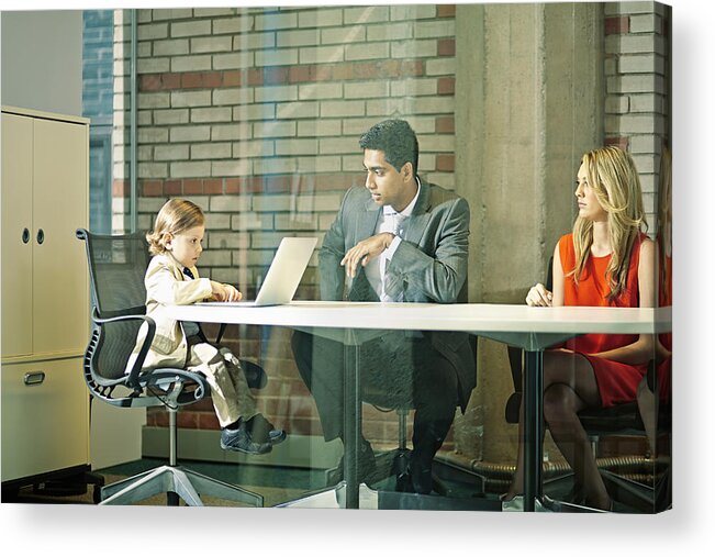 Technology Acrylic Print featuring the photograph Boy (3-5) chairing business meeting by Compassionate Eye Foundation/Hiep Vu