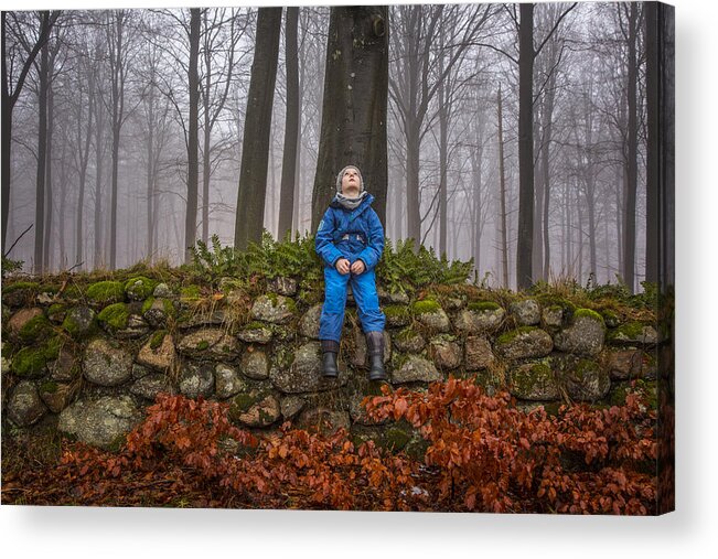 White People Acrylic Print featuring the photograph Boy sitting on stone wall in misty forest by David Trood