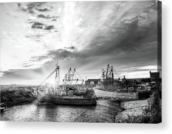 Norfolk Acrylic Print featuring the photograph Brancaster Norfolk fishing trawlers at sunrise BW by Simon Bratt