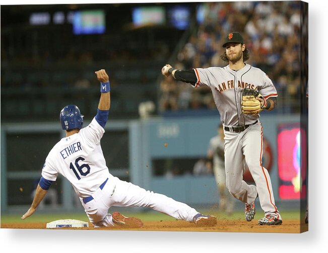Double Play Acrylic Print featuring the photograph Brandon Crawford and Andre Ethier by Stephen Dunn
