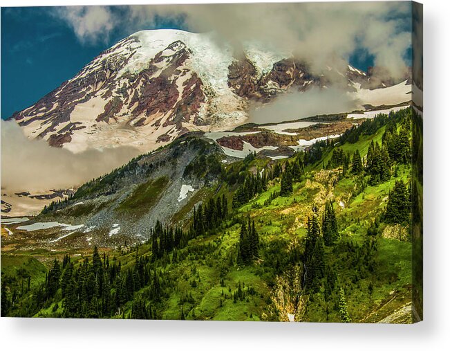Mt Rainier Appearing From The Skyline Trail As The Fog Burns Away. Acrylic Print featuring the photograph Break on Through by Doug Scrima