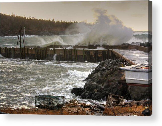 The Bay Of Fundy Storm Haven Shelter Storm Gale Rough Seas Ocean Waves Breaking Waves Breakwater Crane Seaside Gale Choppy Sea Boat House Fish Shack Fish Hut Fish House Breakwater Sea Wall Acrylic Print featuring the photograph Breaking by David Matthews