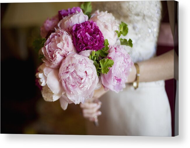 People Acrylic Print featuring the photograph Bride holding bouquet of peony flowers by Elisa Cicinelli