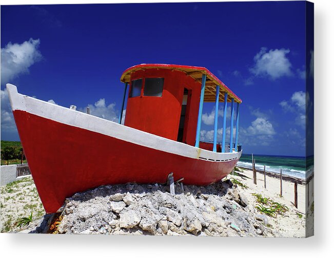 Cozumel Acrylic Print featuring the photograph Brilliant Red Boat on Cozumel Beach by Peter Herman