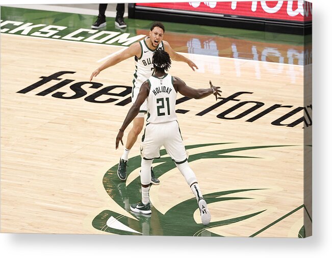 Playoffs Acrylic Print featuring the photograph Bryn Forbes and Jrue Holiday by Kamil Krzaczynski
