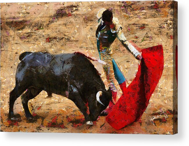 Bull Acrylic Print featuring the painting Bullfighting by Charlie Roman