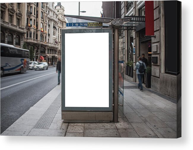 Empty Acrylic Print featuring the photograph Bus stop with billboard by Photography taken by Mario Gutiérrez.