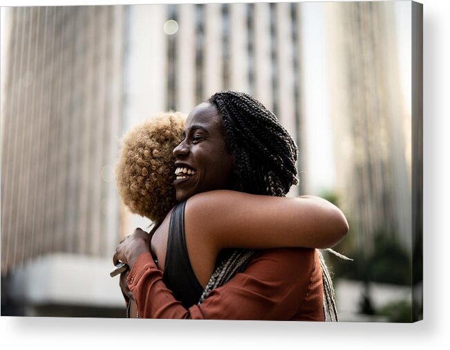 Working Acrylic Print featuring the photograph Business woman/students embracing by FG Trade