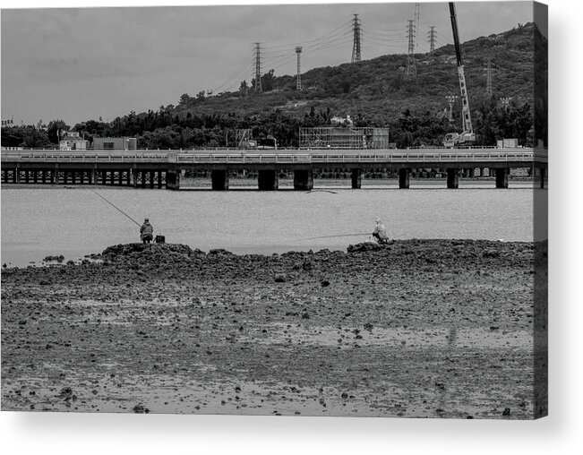 Fishing Acrylic Print featuring the photograph BW- Fishing at Low Tide by Eric Hafner