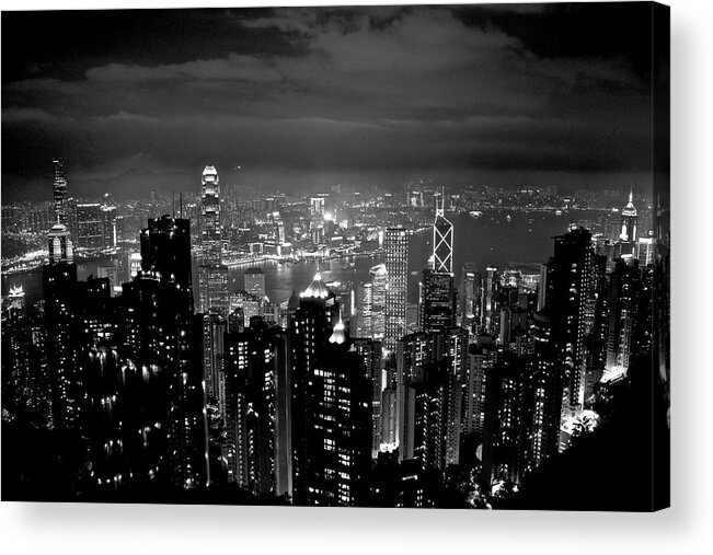 Hong Kong Asia Travel Port Buildings Black White Bw Clouds View Tourism Security Tower Skyscraper Urban Queens Walk Victoria Peak Acrylic Print featuring the photograph BW shiny Hong Kong by Sean Hannon