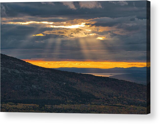 Crepuscular Rays Acrylic Print featuring the photograph Cadillac Mountain Crepuscular Rays by Stephen Vecchiotti