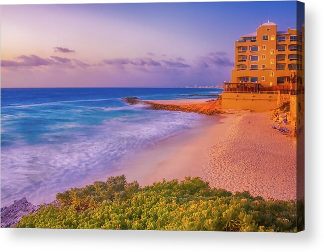 Cancun Acrylic Print featuring the photograph Cancun beach at sunrise by Tatiana Travelways