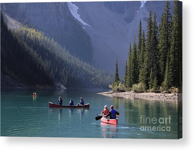 Moraine Lake Acrylic Print featuring the photograph Canoeing On Lake Moraine by Eva Lechner