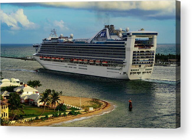Cruise Ship; Skies; Clouds; Water; Landscape; Color; Travel Acrylic Print featuring the photograph Caribbean Princess #1 by AE Jones