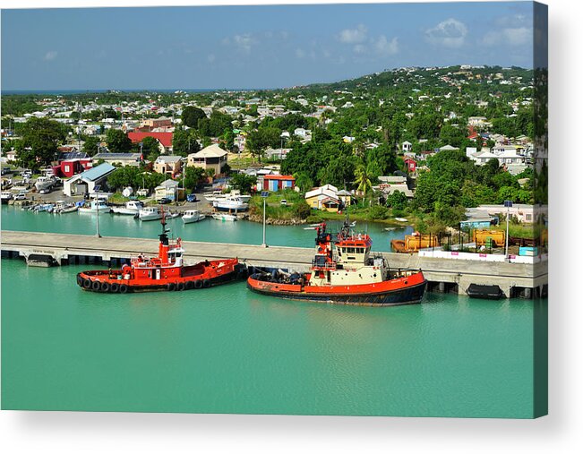 Caribbean Acrylic Print featuring the photograph Caribbean Tugboats with Antigua Skyline by Luke Moore