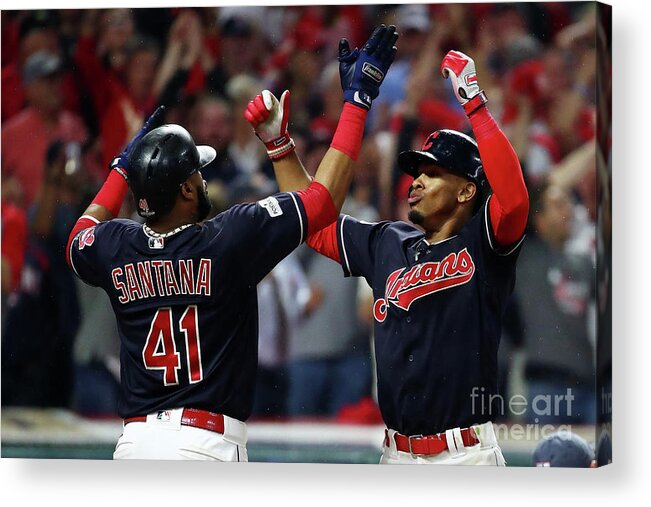 Game Two Acrylic Print featuring the photograph Carlos Santana and Francisco Lindor by Gregory Shamus