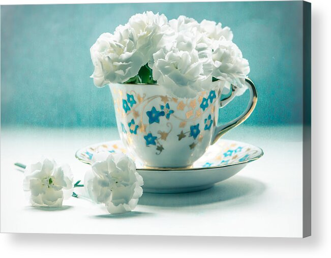 Still Life Acrylic Print featuring the photograph Carnations in a Teacup by Maggie Terlecki