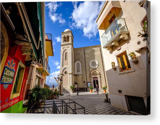 People Acrylic Print featuring the photograph Castelmola, Taormina, Italy - November 8, 2019: Front of The Church of San Giorgio, pizzeria on the left side by Finn Bjurvoll Hansen