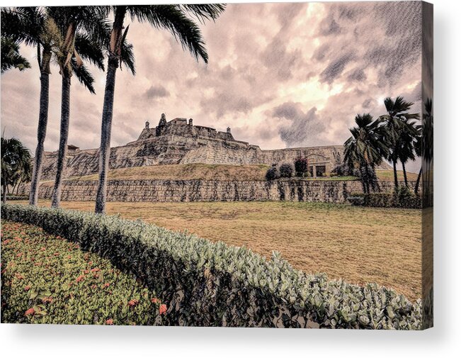 Castillo San Felipe Acrylic Print featuring the photograph Castillo San Felipe Cartagena in Charcoal by Bill Swartwout