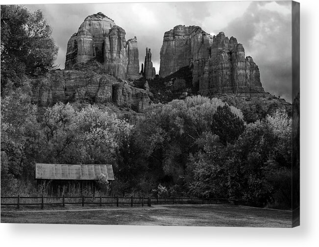 Sedona Acrylic Print featuring the photograph Cathedral Rock in Black and White by Dave Dilli