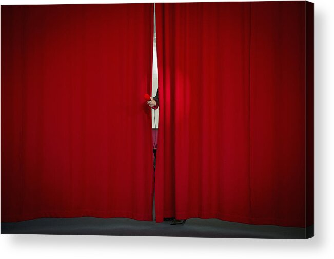Young Men Acrylic Print featuring the photograph Caucasian businessman holding microphone from behind curtain by Jacobs Stock Photography Ltd
