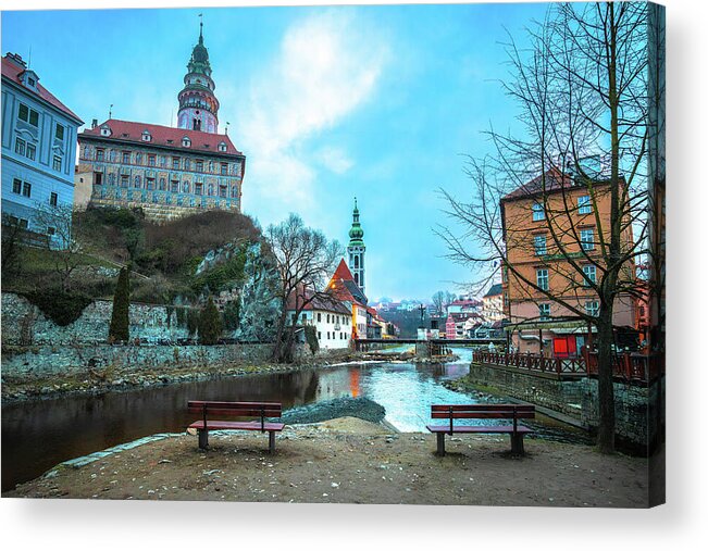  Acrylic Print featuring the photograph Cesky Krumlov scenic architecture and Vltava river dawn view by Brch Photography